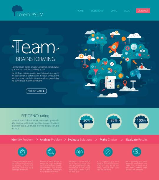 Team Brainstorming Website Design Template Vibrant vector website template depicting team brainstorming. Very nice layered. Used fonts: Myriad Pro. compass gear efficiency teamwork stock illustrations
