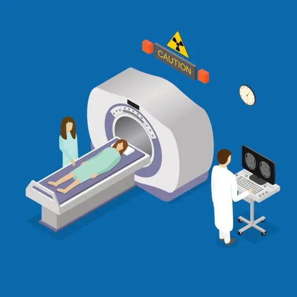 Vector illustration of Patient and Doctor Diagnostic Scanner Tomography Isometric View. Vector