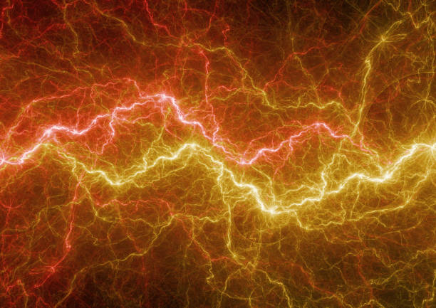 Red and gold electrical lightning, abstract power background stock photo