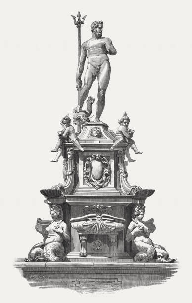 ilustraciones, imágenes clip art, dibujos animados e iconos de stock de fuente de neptuno, esculpida (1565) de giambologna, bolonia, italia, publicado 1884 - giambologna