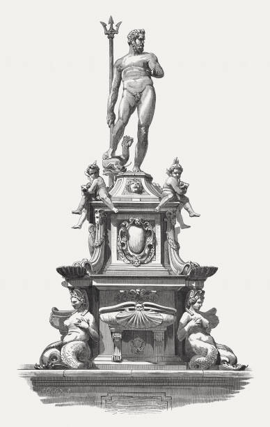 Neptune Fountain, sculpted (1565) by Giambologna, Bologna, Italy, published 1884 The Fountain of Neptune. Wood engraving after a sculpture (bronze and marble, 1565) by Giambologna (Giovanni da Belogna, Flemish-Italian sculptor, 1529 - 1608) at the Piazza del Nettuno in Bologna, Italy, published in 1884. neptune roman god stock illustrations