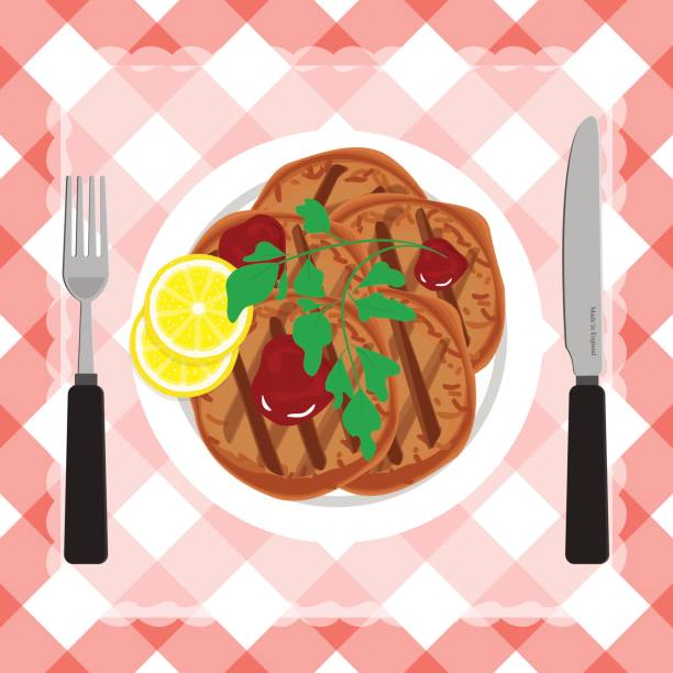 mięso bbq z cytryną - grilled tablecloth kitchen utensil summer stock illustrations