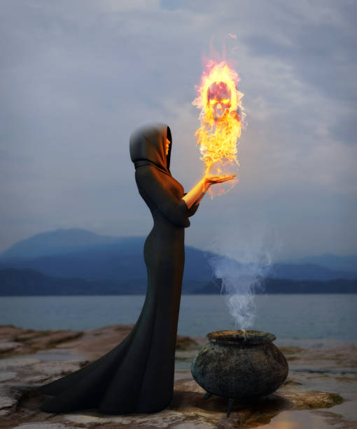 3D rendering of a young witch creating a magical skull out of flames.
