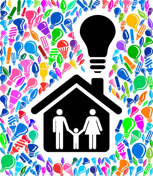 family home glühbirne konzeptionellen hintergrund vektormuster - light bulb blue energy fuel and power generation stock-grafiken, -clipart, -cartoons und -symbole