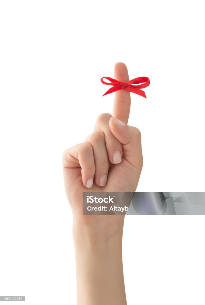 Reminder , isolated Tied Knot, Tied Bow, Reminder, String , clipping path Finger Stock Photo