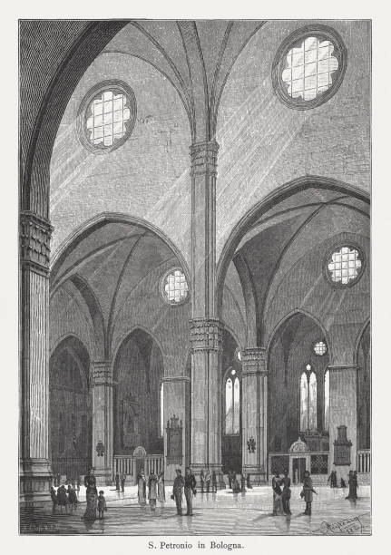 illustrazioni stock, clip art, cartoni animati e icone di tendenza di basilica di san petronio, bologna, italia, incisione su legno, pubblicata nel 1884 - bologna