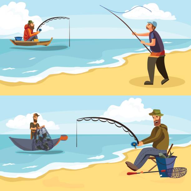 ilustraciones, imágenes clip art, dibujos animados e iconos de stock de pescador en botas de goma lanza una caña de pescar con una línea y ganchillo en el agua para la pesca con mosca, hombre de carácter atrapa peces pie off shore con la ilustración de vector de vuelta vacaciones concepto - natural pool fish sea water