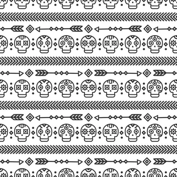 Vector illustration of Day of the Dead. Tribal hand drawn line mexican ethnic seamless pattern. Border. Wrapping paper. Print. Doodles. Tiling. Handmade native vector illustration. Aztec background. Texture. Style skull