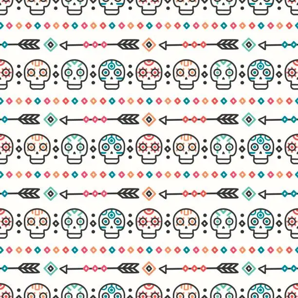 Vector illustration of Day of the Dead. Tribal hand drawn line mexican ethnic seamless pattern. Border. Wrapping paper. Print. Doodles. Tiling. Handmade native vector illustration. Aztec background. Texture. Style skull