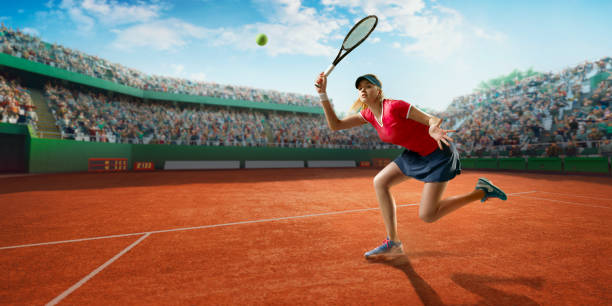 Woman tennis player celebrating winner  on court background