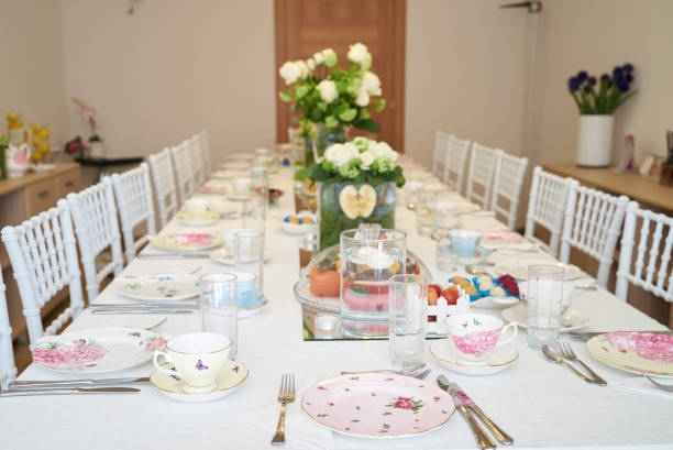 istock Elegant tables set up for a festive banquet 667450858