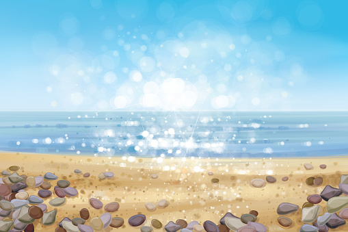Vector  ocean with blue  sky and sandy beach and stones.