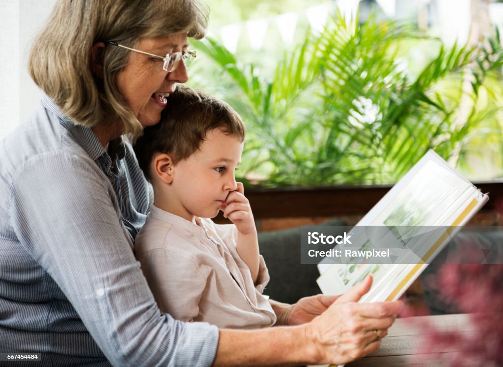 Grandmother Grandson Family Reading Leisure Family Stock Photo