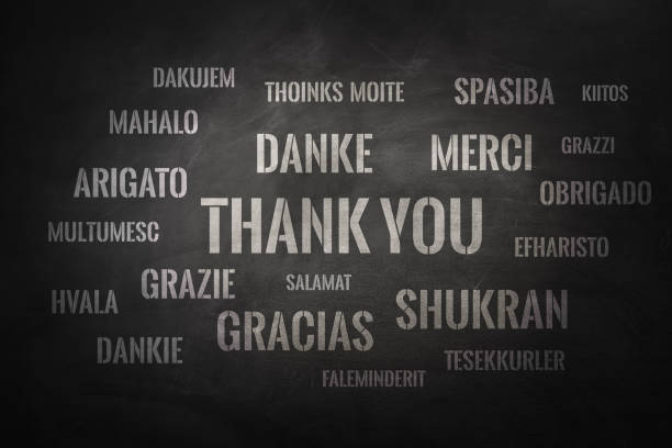 Thank you word cloud written in many different languages on a chalkboard