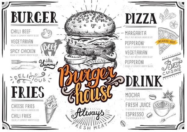 illustrations, cliparts, dessins animés et icônes de restaurant de menu burger, modèle de nourriture. - old fashioned pizza label design element