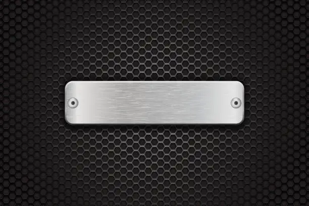 Vector illustration of Blank metal button plate. On dark metal perforated background