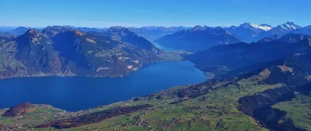 Lake Thunersee and mountains in the Bernese Oberland. View from mount Niesen, Switzerland.