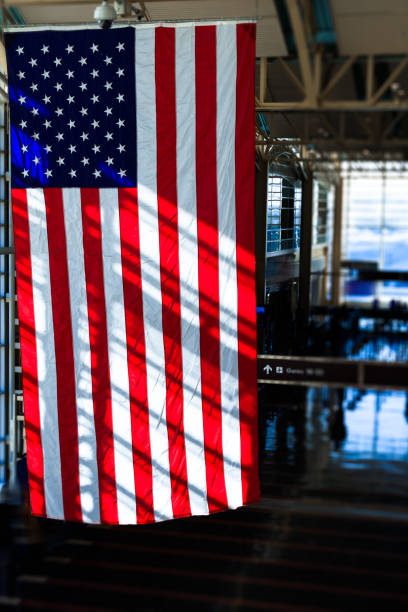 istock Modern Airport with America Flag 667471212