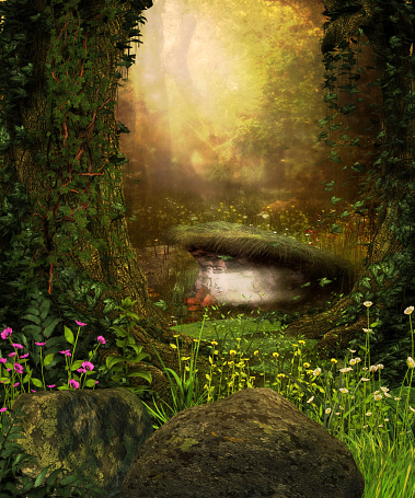 3D rendering of a view through an enchanted dark forest and a pond.