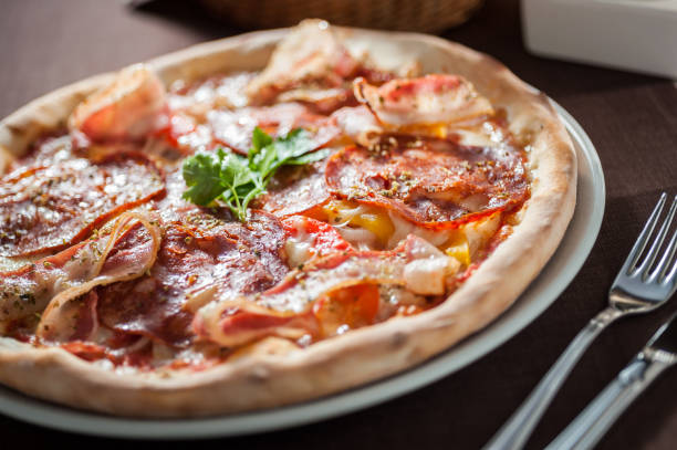 istock Italian salami and bacon pizza with cheese 667482150