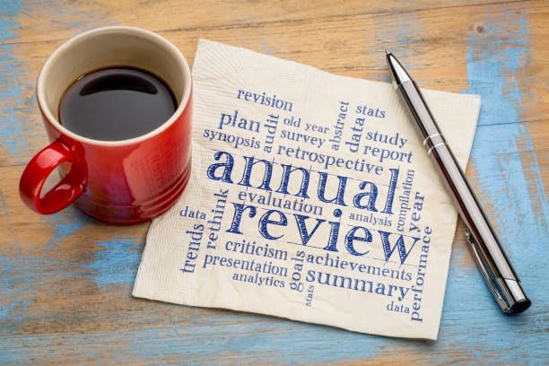 annual review word cloud on napkin annual review word cloud - handwriting on a napkin with a cup of coffee annual event stock pictures, royalty-free photos & images