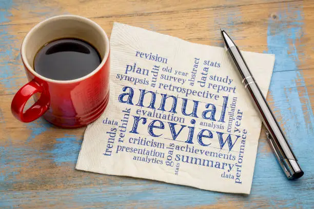 annual review word cloud - handwriting on a napkin with a cup of coffee