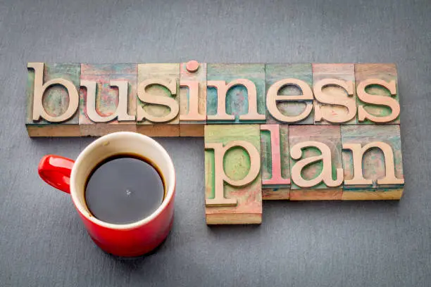 business plan word abstract  -  text in letterpress wood type printing blocks with a cup of coffee