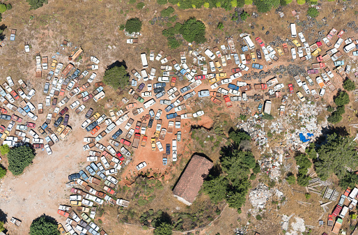 Aerial view of cars in junkyard