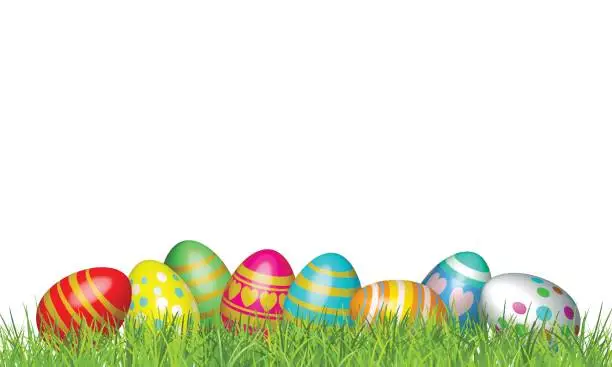 Vector illustration of Easter eggs in green grass. Happy easter vector Illustration background