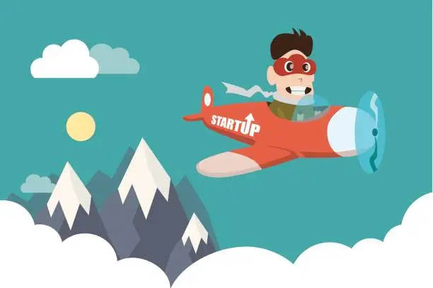 Vector illustration of Illustration of entrepreneurship, start up business man concept. Character design of business man with cloud mask control airplane.