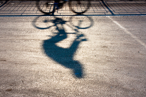 Blurry cyclist silhouette and shadow on a proteted bike path in sunset