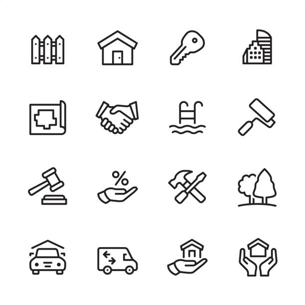 Real Estate - outline icon set 16 line black and white icons / Set #20 landlord stock illustrations