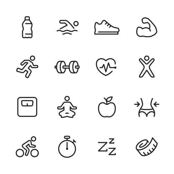 ilustrações de stock, clip art, desenhos animados e ícones de fitness - outline icon set - tape measure apple dieting measuring