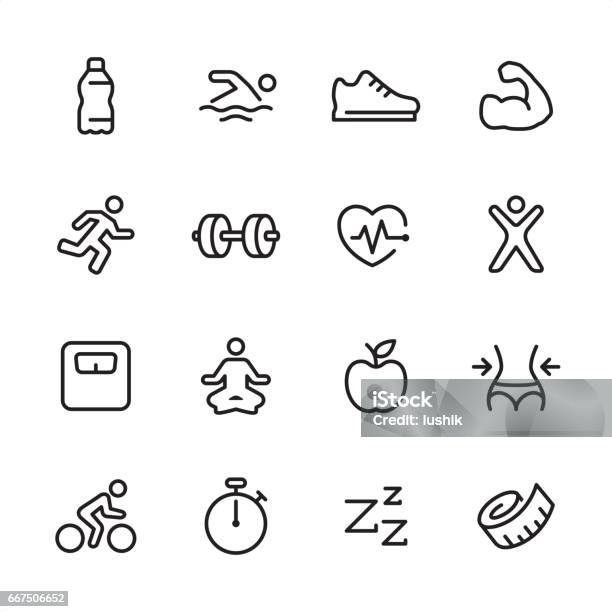 Fitness Outline Icon Set Stock Illustration - Download Image Now - Swimming, Line Icon, Water Bottle
