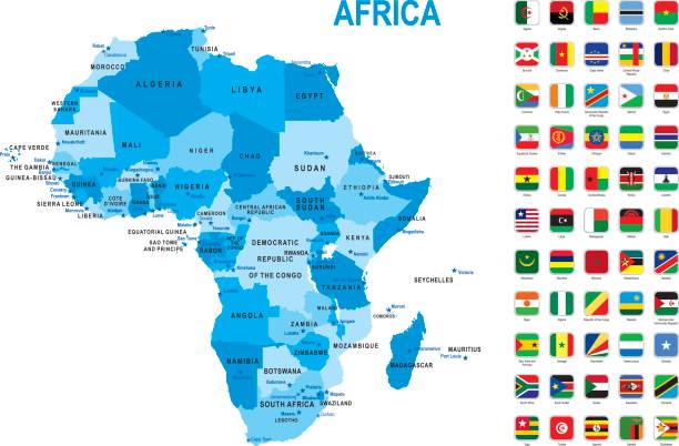 Blue map of Africa with flag against white background Blue map of Africa with flag against white background. The url of the reference to political map is: http://www.lib.utexas.edu/maps/world_maps/united_states_foreign_service_posts-september_2011.pdf chad central africa stock illustrations