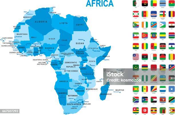 Blue Map Of Africa With Flag Against White Background Stock Illustration - Download Image Now