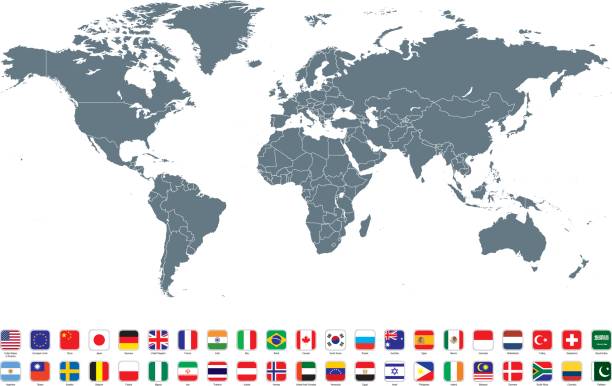 World map with most popular flags against white background Gray world map with most popular flags against white background. The url of the reference to political map is: http://www.lib.utexas.edu/maps/world_maps/united_states_foreign_service_posts-september_2011.pdf eurasia stock illustrations