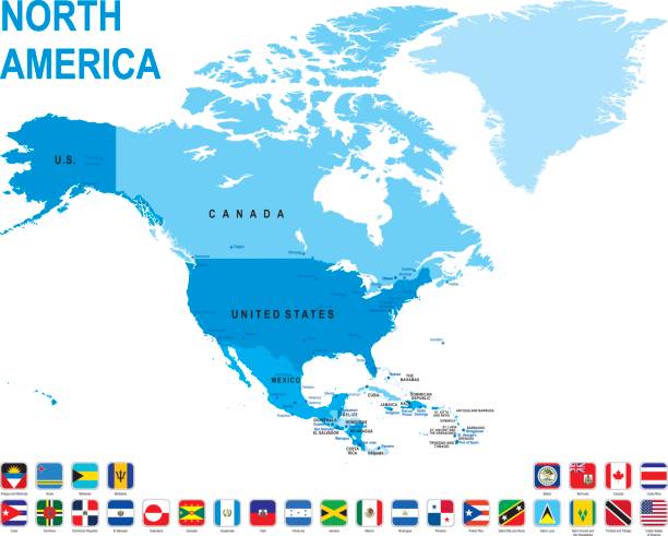 Blue map of North America with flag against white background Blue map of North America with flag against white background. The url of the reference to political map is: http://www.lib.utexas.edu/maps/world_maps/united_states_foreign_service_posts-september_2011.pdf barbados map stock illustrations
