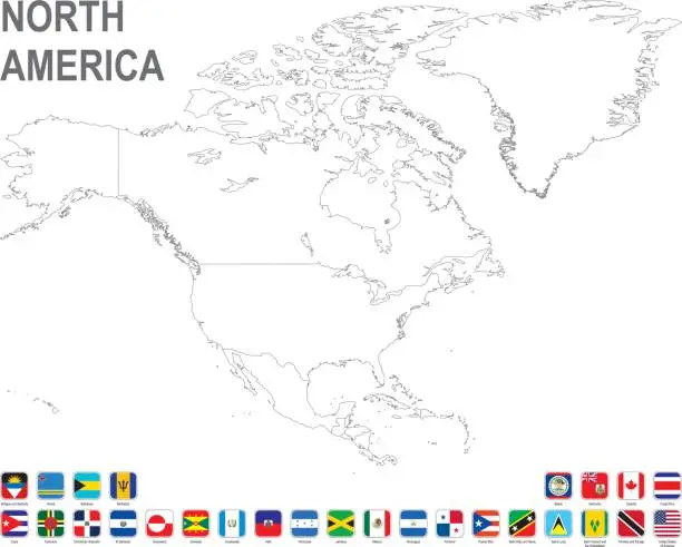 Vector illustration of White map of North America with flag against white background