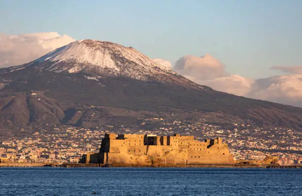 view of Naples with Vesuvius mount with snow on the background