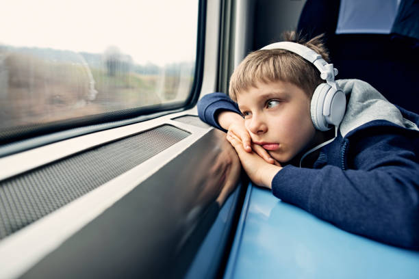 istock Bored little boy travelling on train 667518342
