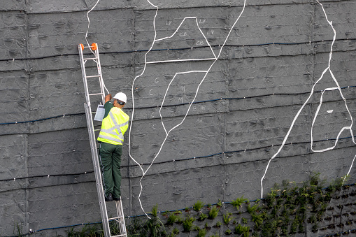 Sao Paulo, SP, Brazil, April 08, 2017. Workers are installing the vertical garden on 23 de Maio Avenue, south of Sao Paulo. The plants replace the graphite of Sao Paulo Antiga, of Eduardo Kobra, that was erased in the management mayor Joao Doria. The garden will be in felt panels that began to be placed on March 14