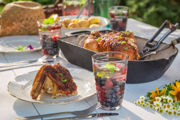 istock Tasty dinner with chicken and potatoes served in summer 667523984
