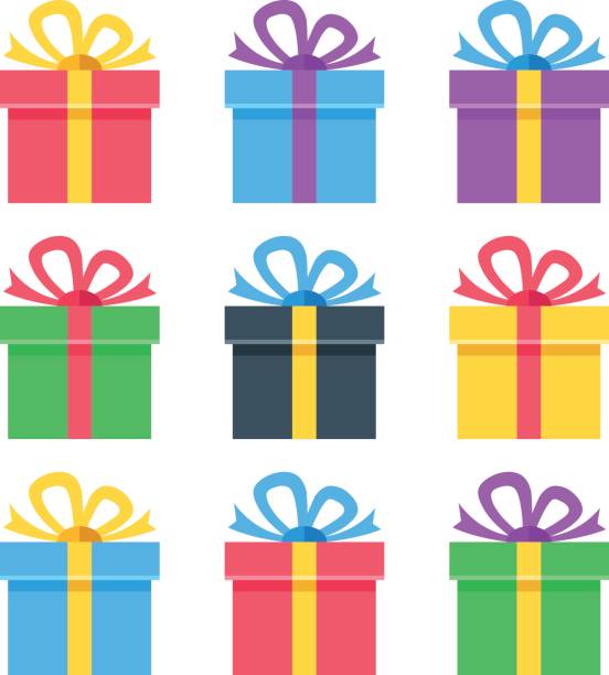 Gift icons set. Colorful gift boxes, giftboxes collection. Flat design graphic elements, flat icons set. Vector illustration Gift icons set. Colorful gift boxes, giftboxes collection. Flat design graphic elements, flat icons set for web banners, websites, printed materials, etc. Vector illustration birthday present stock illustrations