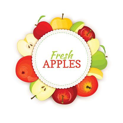 Round colored frame composed of different appels fruit. Vector card illustration. Circle apple frame. Yellow, red and green apple fresh fruits appetizing looking for packaging design of healthy food.