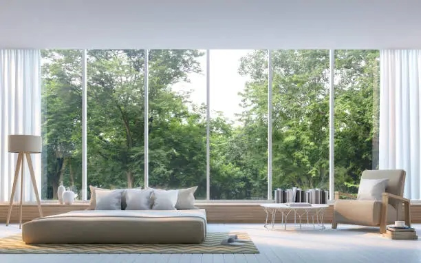 Modern bedroom with nature view 3d rendering Image. There are large window overlooking the surrounding nature and forest