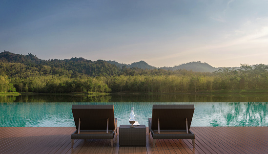 Swimming pool terrace and beautiful nature view 3d rendering image