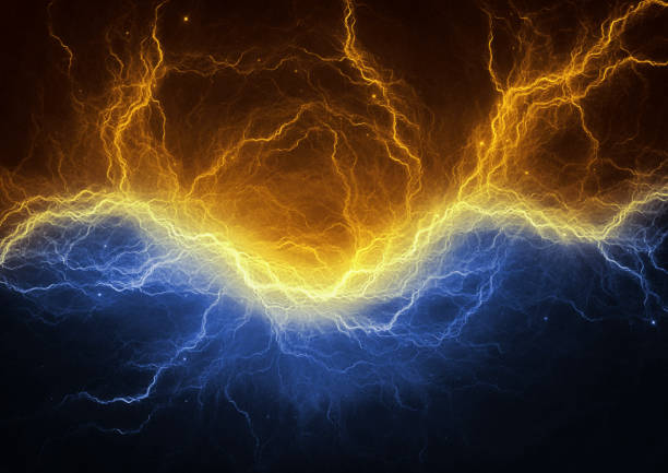 istock Gold and blue electric lightning - abstract electrical background 667548392