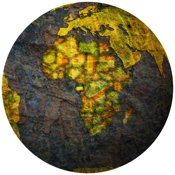 Ghana on political globe with embedded flags. 3D illustration isolated on white background. 3D model of planet created and rendered in Cheetah3D software, 29 Sep 2017.