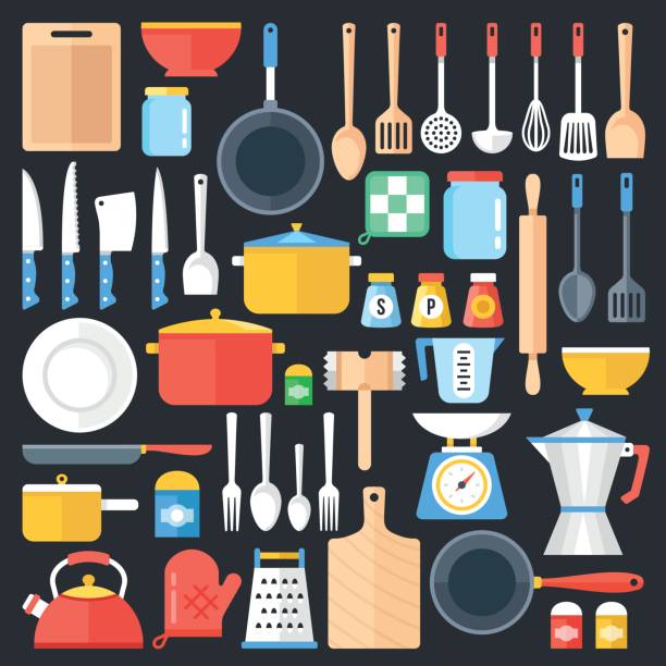 mutfak eşyaları ayarlayın. mutfak eşyası, tencere, çatal bıçak takımı, mutfak araçları koleksiyonu. modern düz icons set, grafik ö ğeleri, nesneler. düz tasarım konsepti. vektör çizim - kitchen stock illustrations